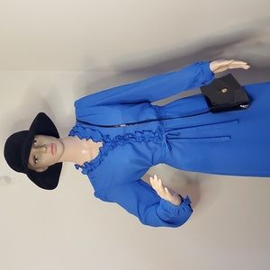 Vintage Dress Royal Blue with Ruffle Neckline by The House Of Nu-Mode